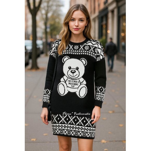 NWT Moschino Teddy Bear Sweater Dress | Cozy Knit Logo Winter Dress - Picture 1 of 16